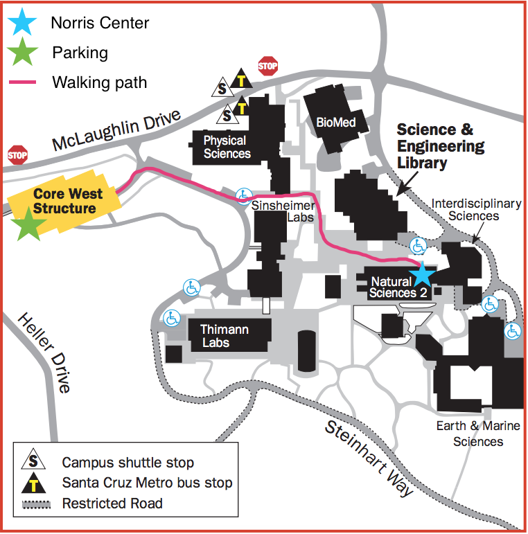 map of science hill with star on the norris center and walking path from the core west parking structure to the norris center